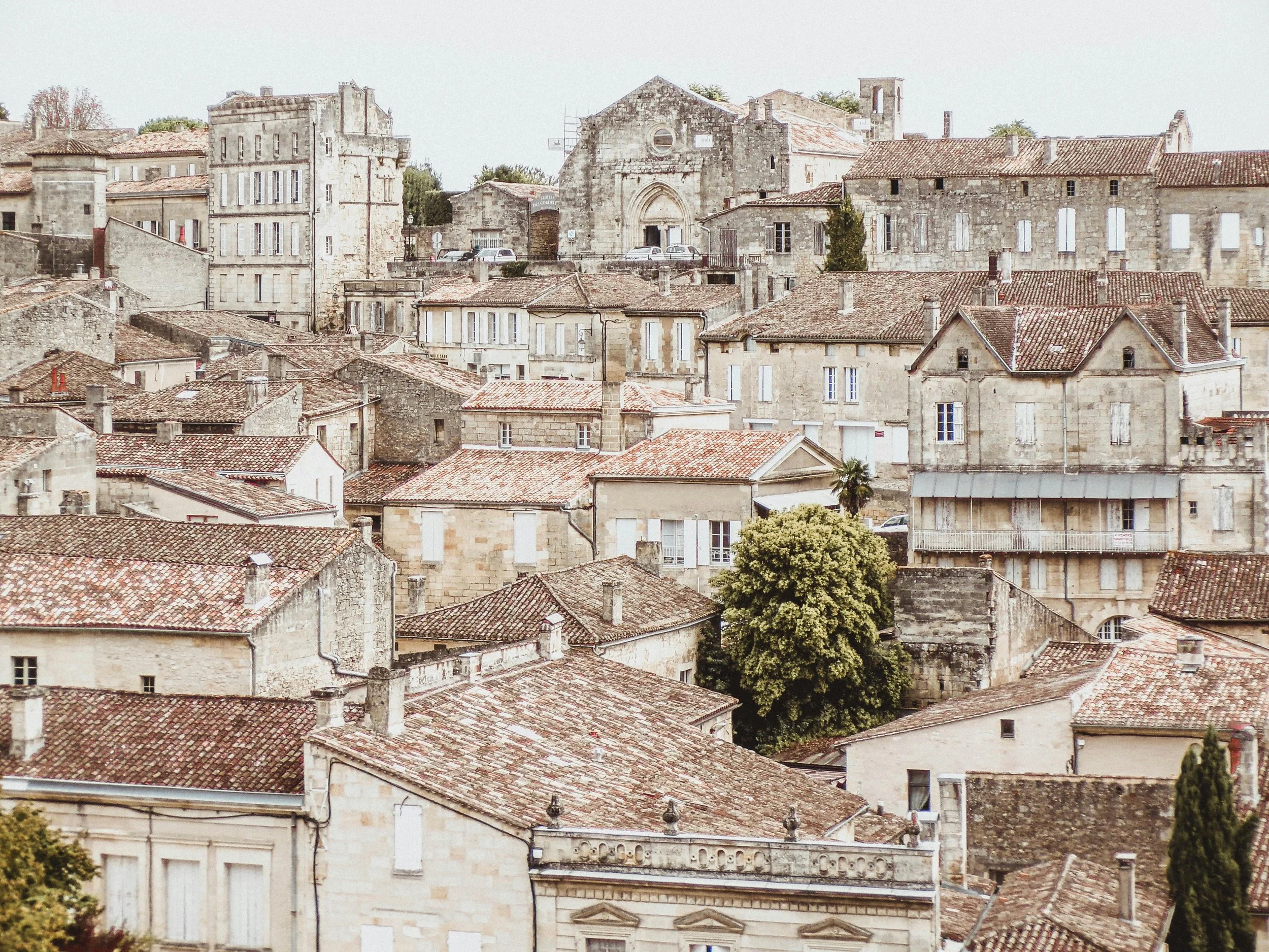 A view of an old European city with stone buildings and terracotta tile roofs, with some trees visible among the rooftops.