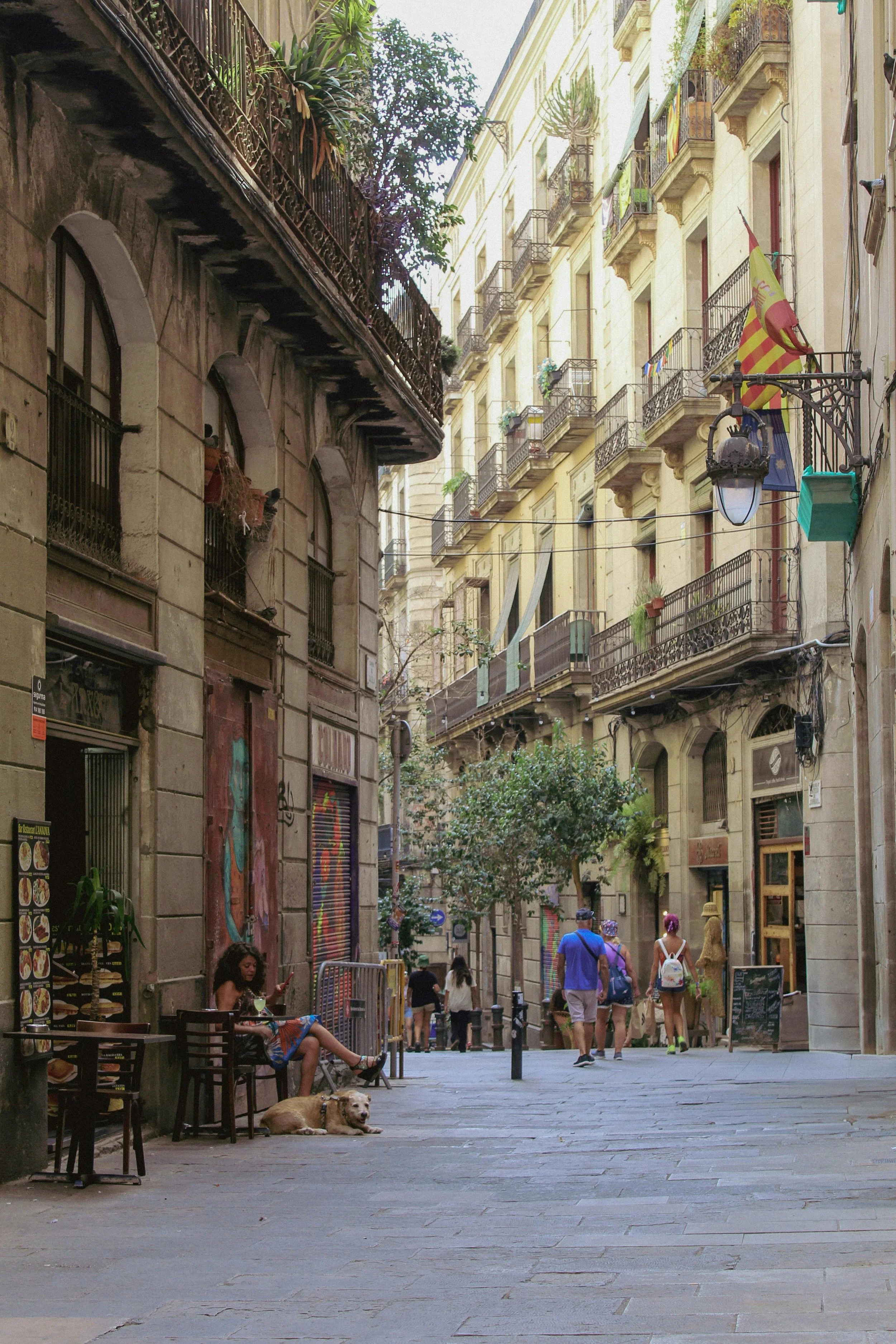 A narrow street in a European city with people walking and sitting outside a cafe, some buildings with balconies, potted plants, and flags.