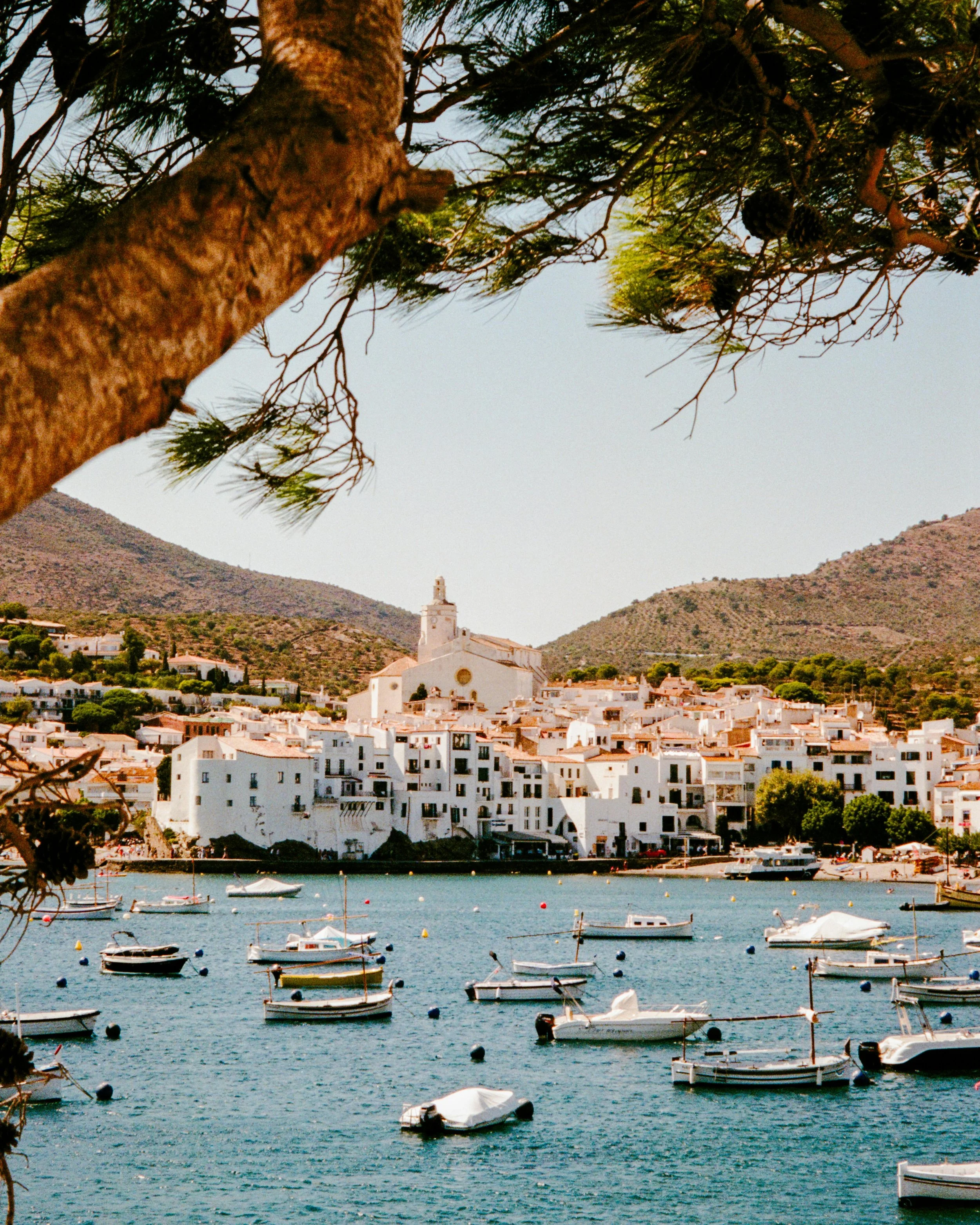 View of a coastal town with white buildings, a church on a hill, boats floating in the water, and hills in the background, framed by tree branches.