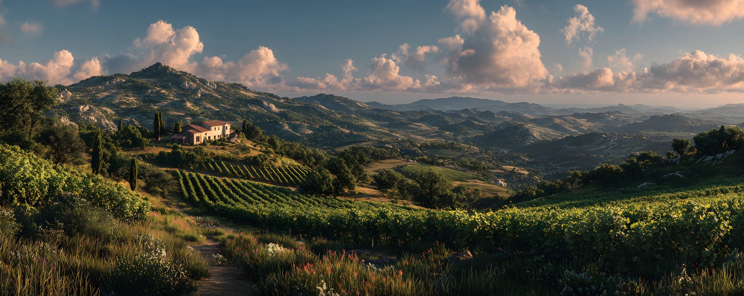 A scenic landscape of rolling hills with vineyards, a farmhouse, and lush greenery under a partly cloudy sky during sunset.
