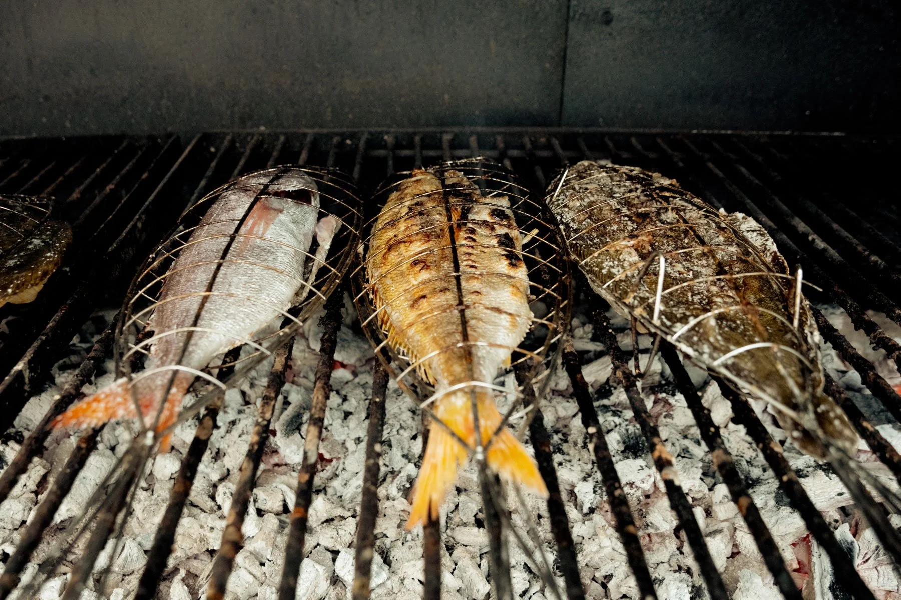 Three fish wrapped in wire cages are grilling over hot coals on a barbecue grill.