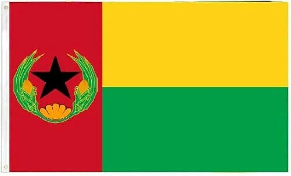 Flag with red, yellow, and green horizontal stripes and an emblem with a black star, yellow flower, and two green hands on the red stripe.