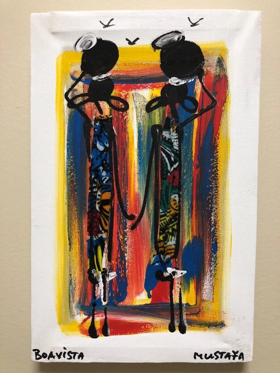 Abstract painting of two women standing side by side, with their hands on their hips, against a colorful background. The women are outlined in black, with hair styled in buns, and they are wearing patterned dresses. The painting uses bright colors an