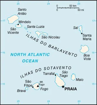 Map of the Cape Verde islands in the Atlantic Ocean, showing islands including Santo Antao, Santo Lucia, Sal, Boa Vista, Maio, Santiago, Fogo, Brava, and the island of Praia. The map includes island names, some cities, and distances in kilometers and