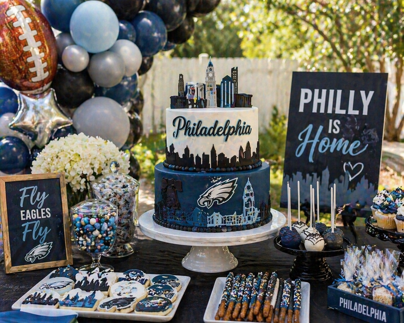 A decorated outdoor party table celebrating Philadelphia with themed cake, cookies, treats, balloons, and signs featuring Eagles and Philadelphia skyline imagery.