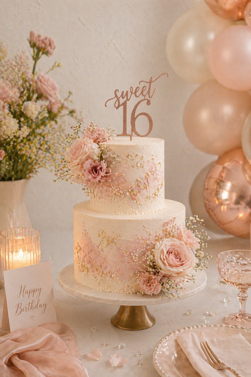 A two-tiered birthday cake decorated with pink and white flowers and gold accents, with a cake topper that reads 'sweet 16'. It is set on a table with pink balloons, a floral arrangement, a candle, a 'Happy Birthday' card, and tableware, all in soft 
