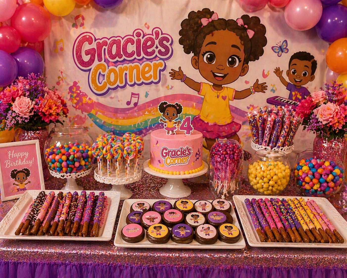 Colorful birthday party table decorated with pink, purple, orange, and yellow balloons, featuring a pink cake with a girl and the number 4 on top, surrounded by various candies, cookies, lollipops, and flower arrangements, with a child cartoon charac