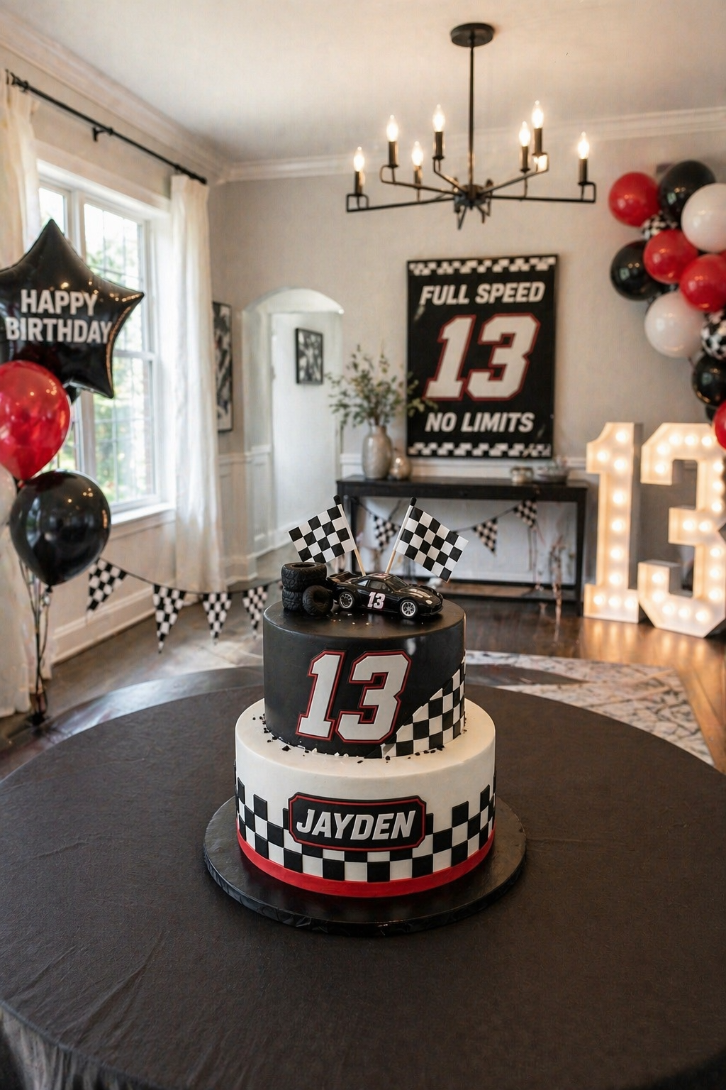A two-tiered birthday cake decorated with a racing car theme, checkered flags, and the number 13, with a black and white checkered pattern.