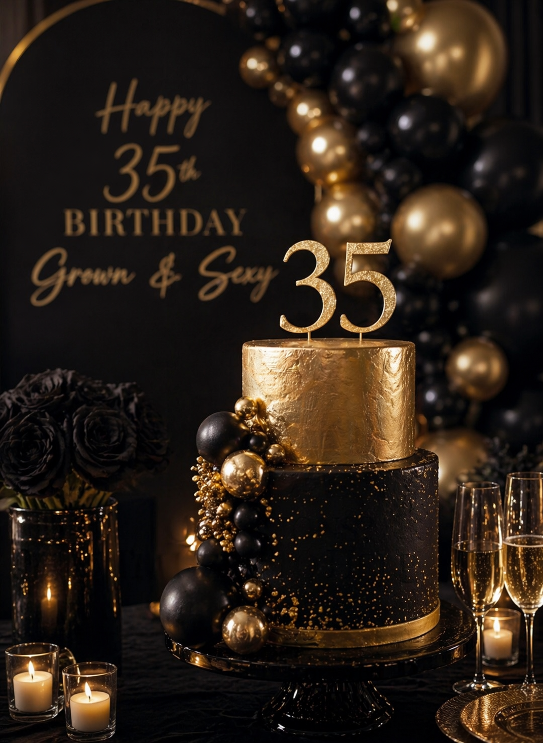 A black and gold birthday cake with the number 35 on top, decorated with black and gold balls and gold accents, with a black backdrop and balloons in black and gold.