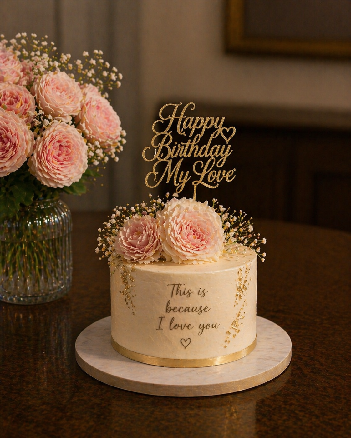 A birthday cake decorated with pink roses and small white flowers, with a gold top banner that reads "Happy Birthday My Love." The cake has a message written on it that says "This is because I love you" with a small heart underneath. There is also a 