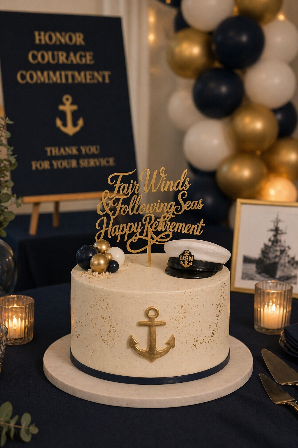A retirement cake with a navy and gold color theme. The cake has an anchor decoration and a topper that reads, 'Fair Winds & Following Seas Happy Retirement.' It is decorated with small navy, white, and gold balloons and is set on a black tablecloth.