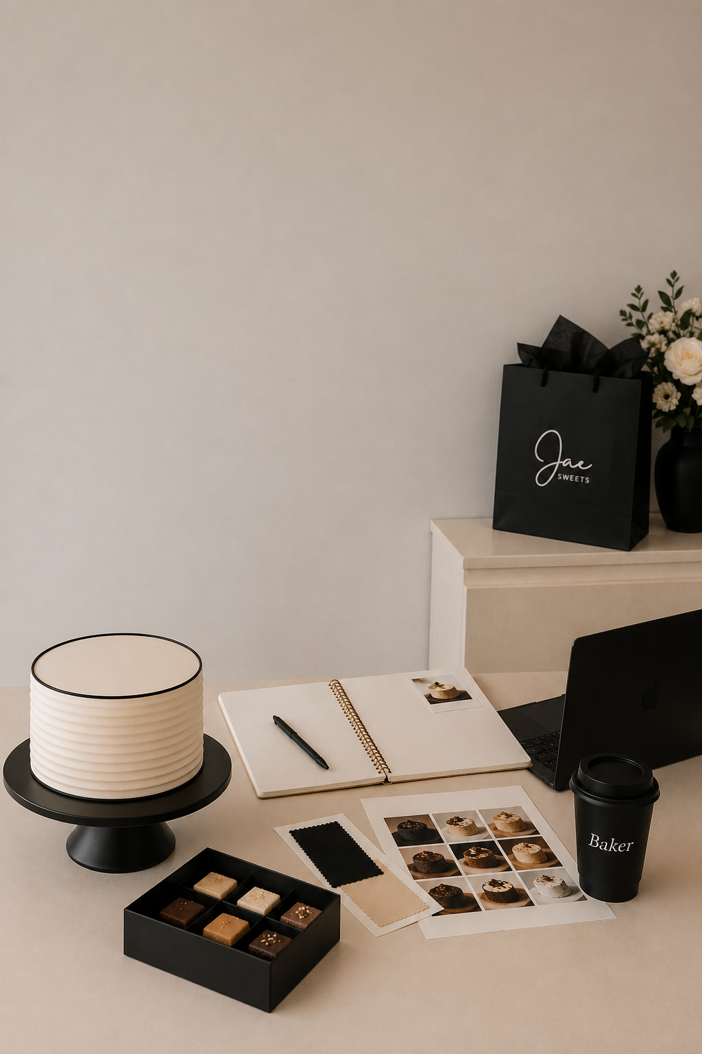 Desk with a black cake stand holding a white textured cake, an open notebook with a pen, photos and fabric samples, a black coffee cup labeled 'Baker,' and a black gift bag with white text 'Jan Sweets,' next to a vase with white flowers.