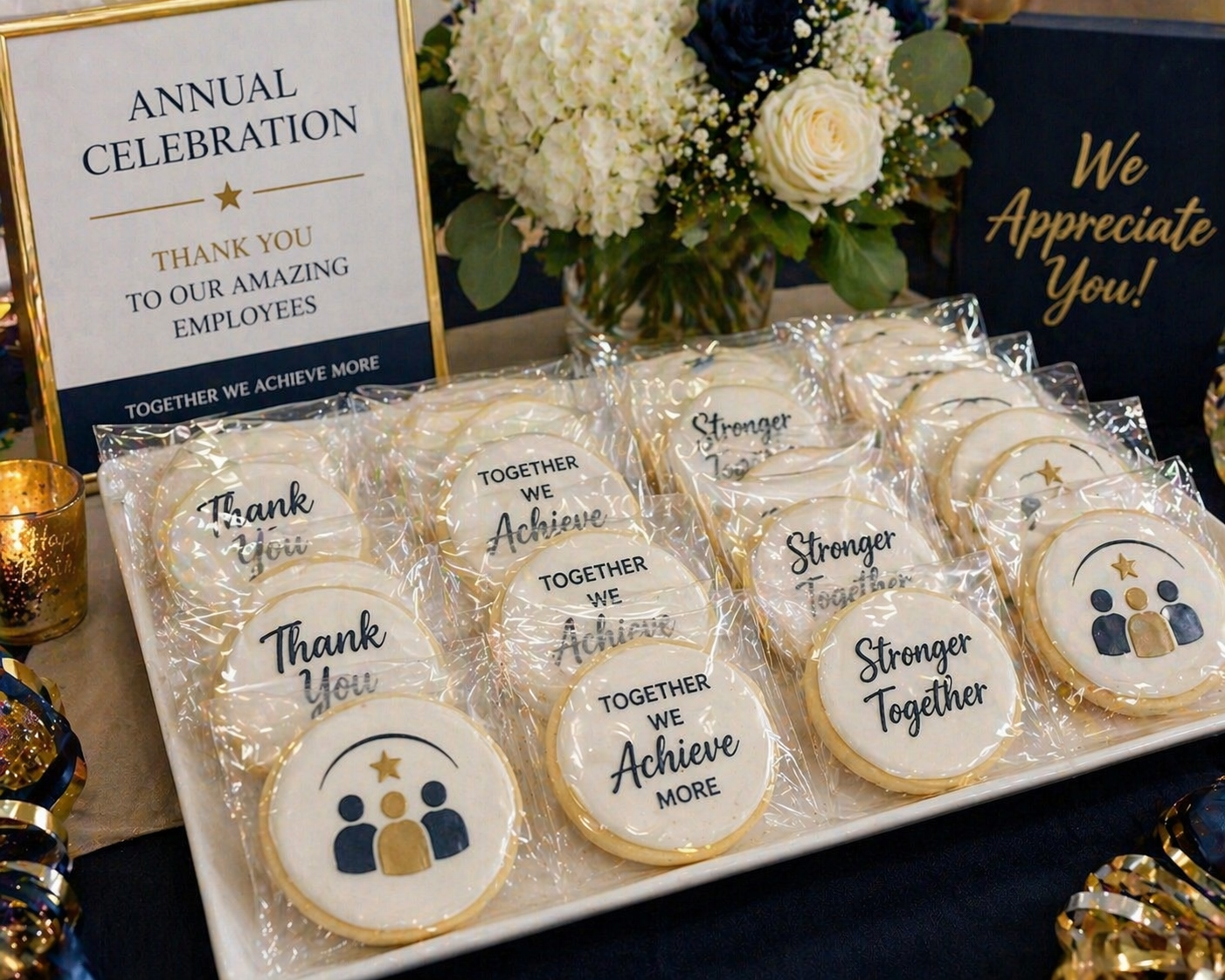 Cookies with messages 'Thank You', 'Stronger Together', and 'TOGETHER WE Achieve MORE' wrapped in plastic on a tray at an appreciation event, with floral arrangements and signs in the background.