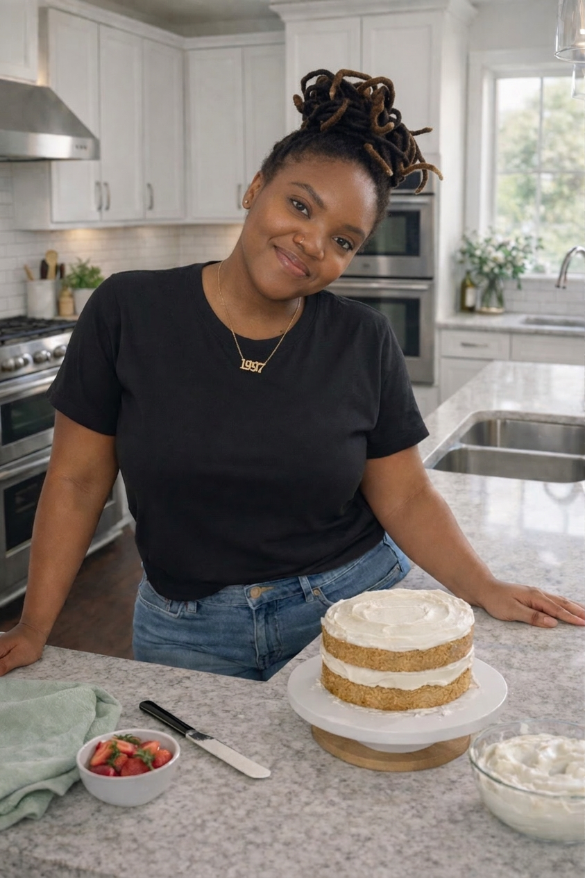 A woman with dreadlocks tied up at the top, wearing a black t-shirt and jeans, stands in a modern kitchen with white cabinets and a marble countertop, smiling at the camera with a partially frosted two-layer cake on a cake stand in front of her. The kitchen has a window with a view of greenery and some flowers on the windowsill.