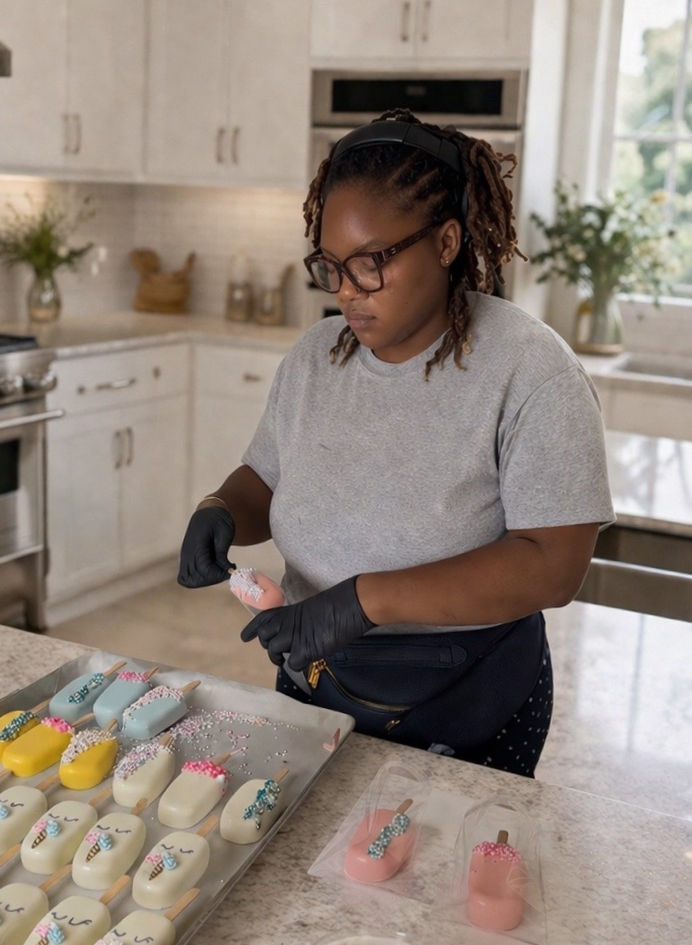 A woman wearing glasses, a gray t-shirt, and black gloves decorating cake pops in a bright kitchen with white cabinets and large windows.
