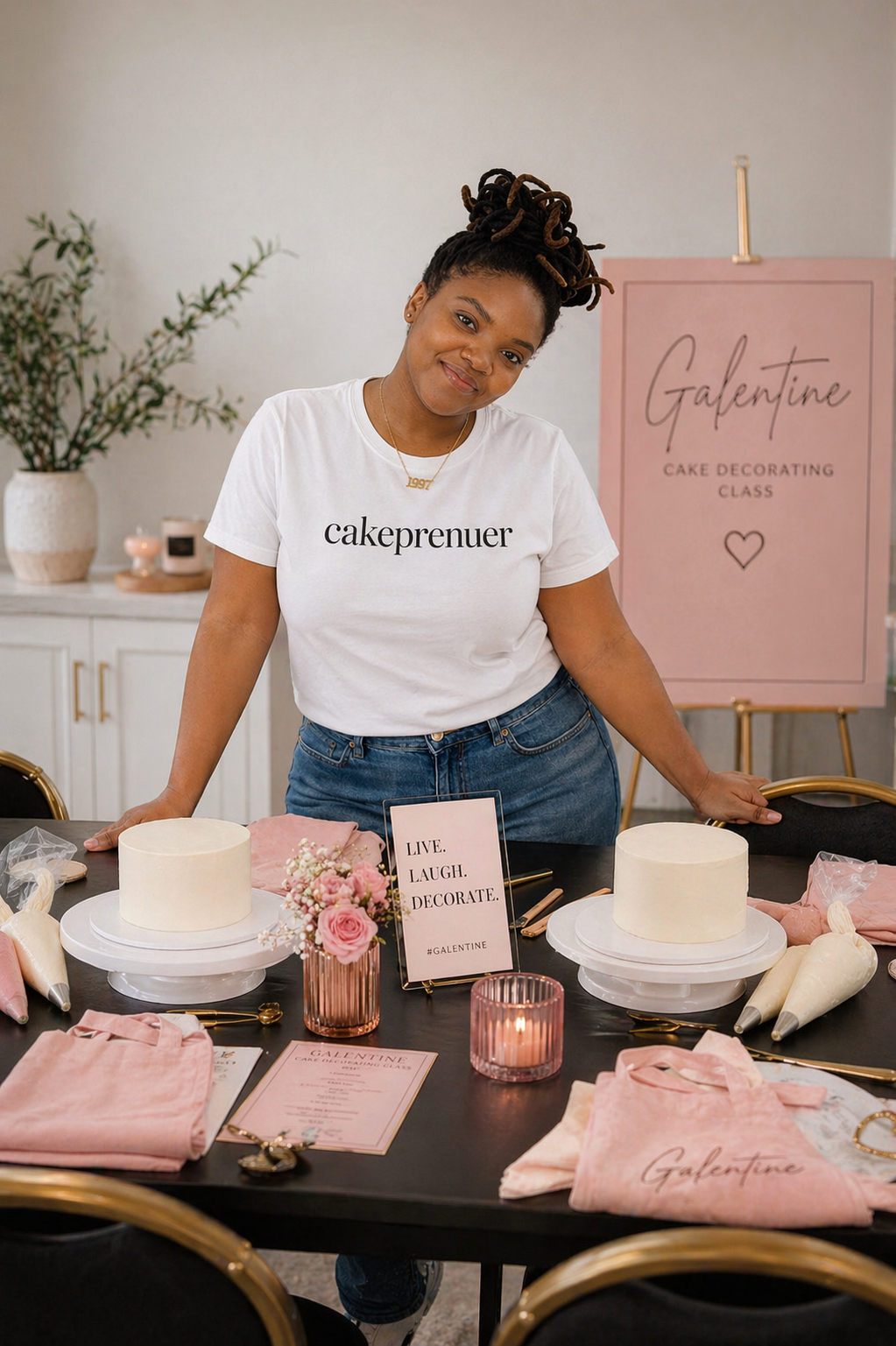 A woman with dreadlocks styled in a bun stands behind a table at a cake decorating class. She wears a white T-shirt that says 'cakeprenuer' and jeans. The table has two cakes, pink flowers, candles, and decorating supplies, with a sign that says 'LIVE. LAUGH. DECORATE.' A pink sign in the background reads 'Galentine Cake Decorating Class'.