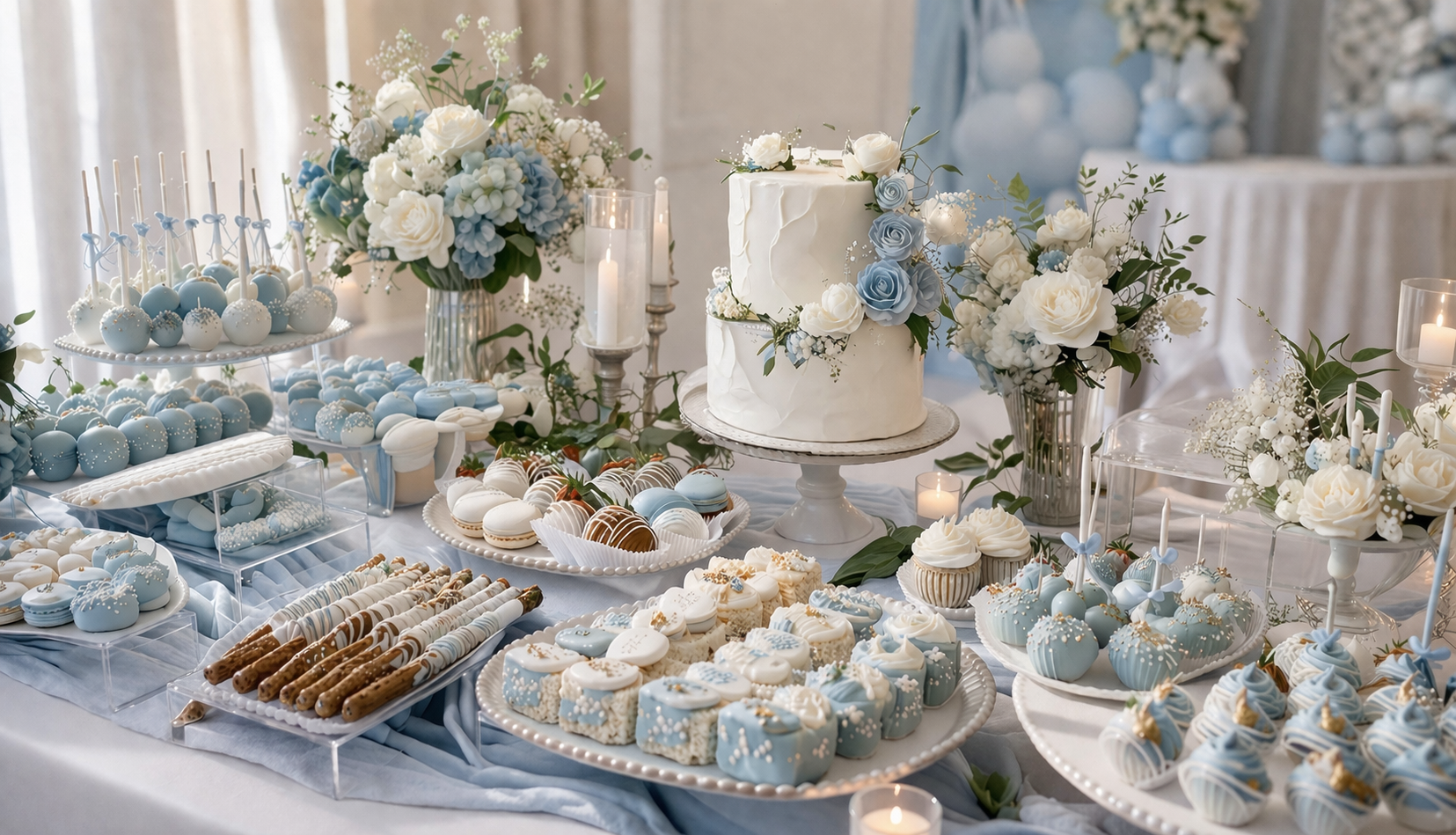 Elegant dessert table with white and blue themed treats, including cake, macarons, cake pops, cookies, and pretzels, decorated with white and blue flowers, candles, and greenery.