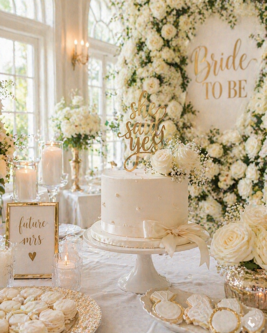 Elegant wedding cake with a 'she said yes' gold topper, surrounded by white roses and floral decorations, set on a table with candles and a sign that reads 'future Mrs' in a beautifully decorated wedding venue.