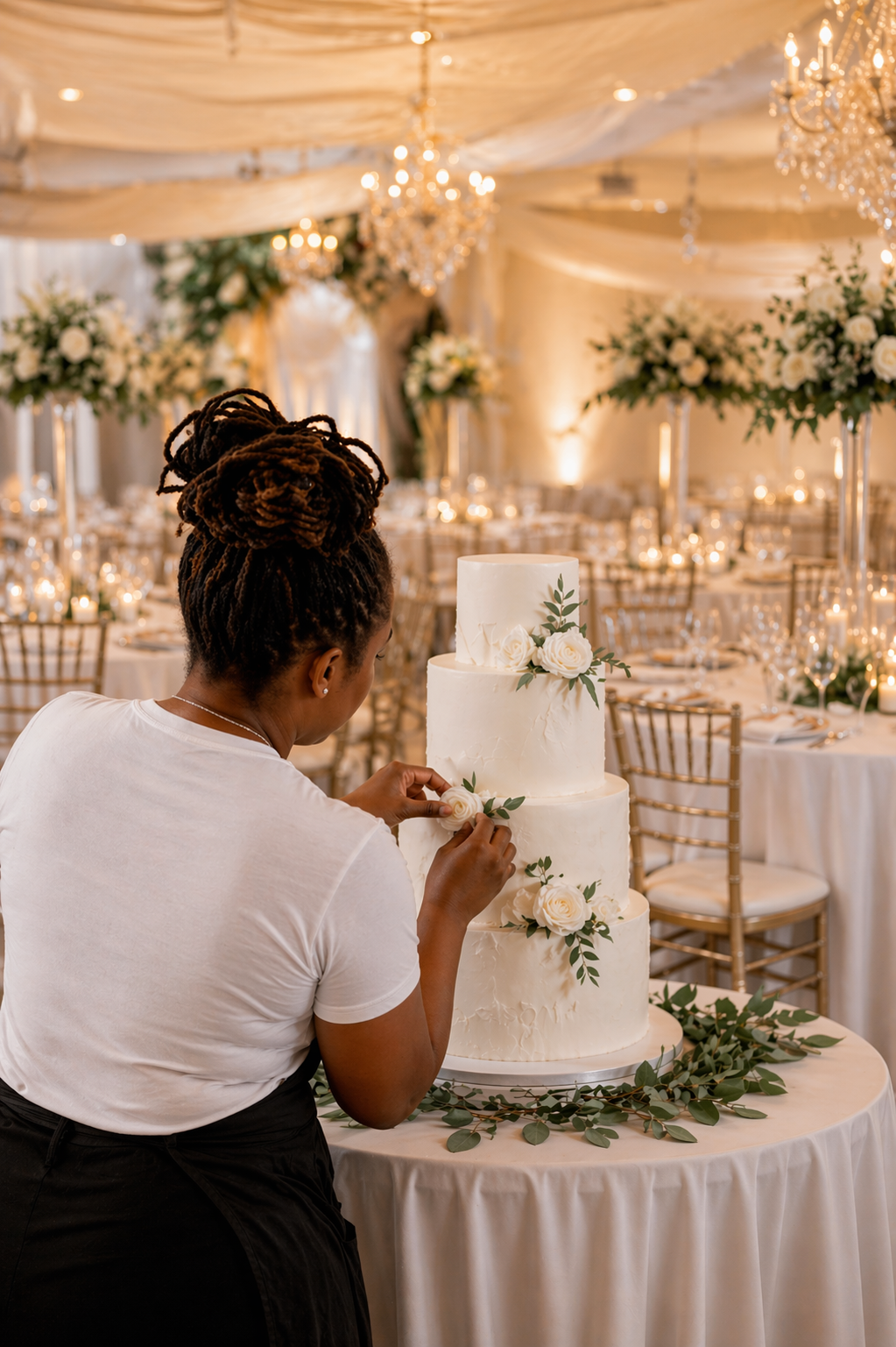 A woman with styled dreadlocks is decorating a three-tier white wedding cake with white roses and greenery in an elegantly decorated event hall.