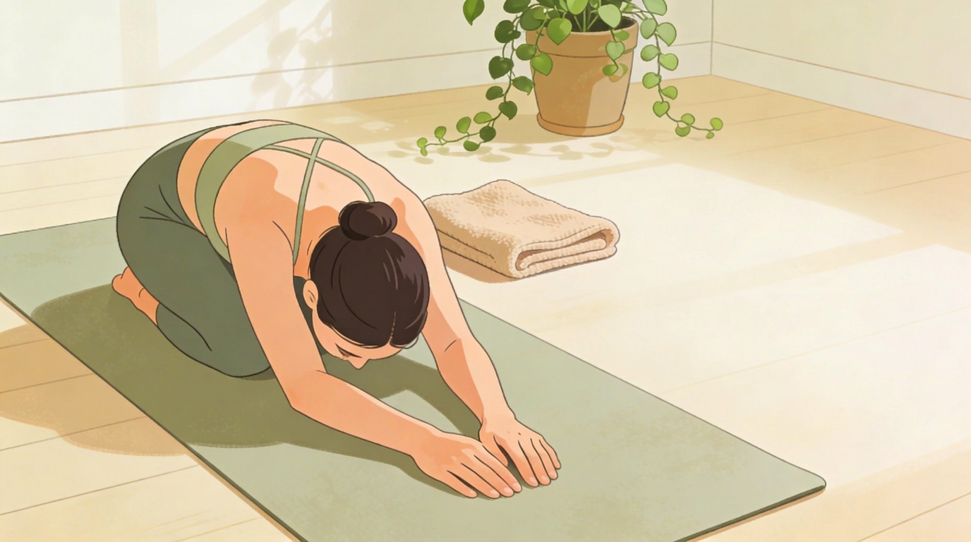 A woman practicing yoga in Child's Pose on a green yoga mat in a bright room with wooden floors, a folded towel, and a potted plant in the background.