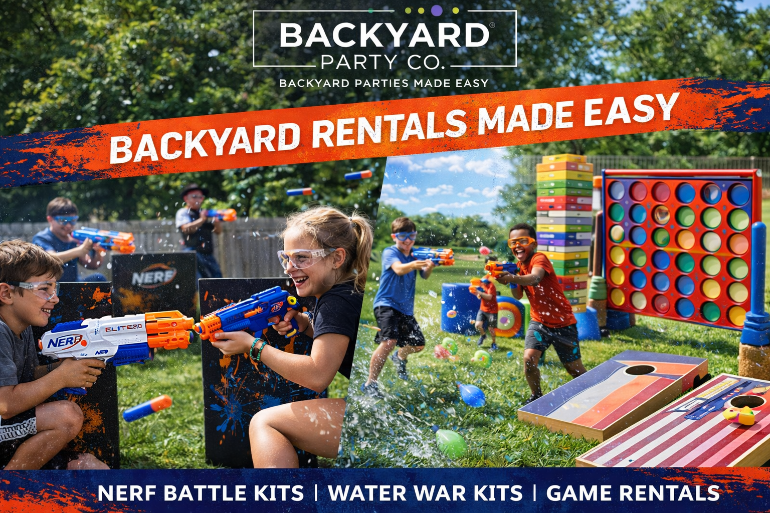 Children playing outdoors with water guns and toys in a backyard setting, with a banner promoting backyard party rentals, including Nerf battle kits, water war kits, and game rentals.