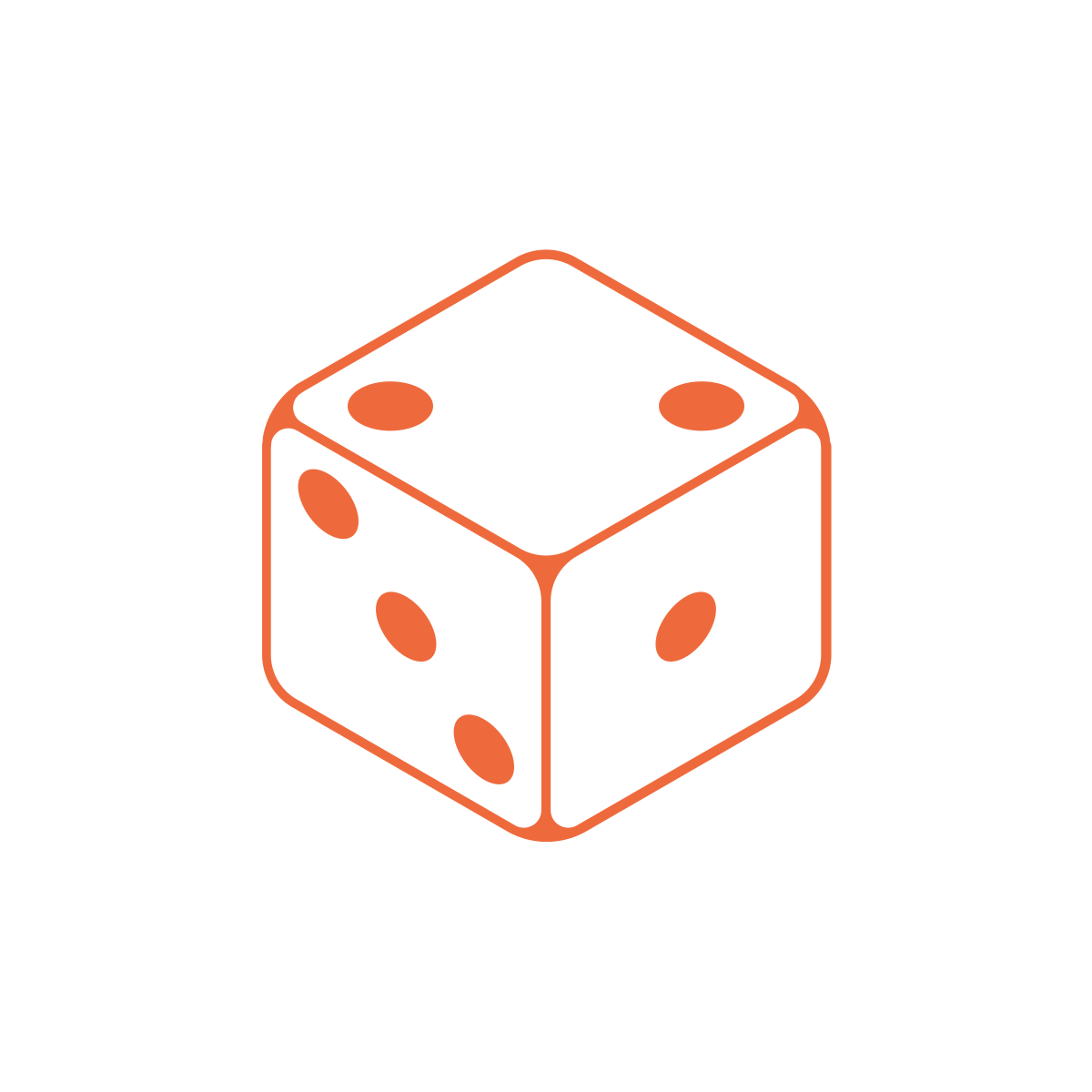 Line drawing of a single six-sided die showing five dots.