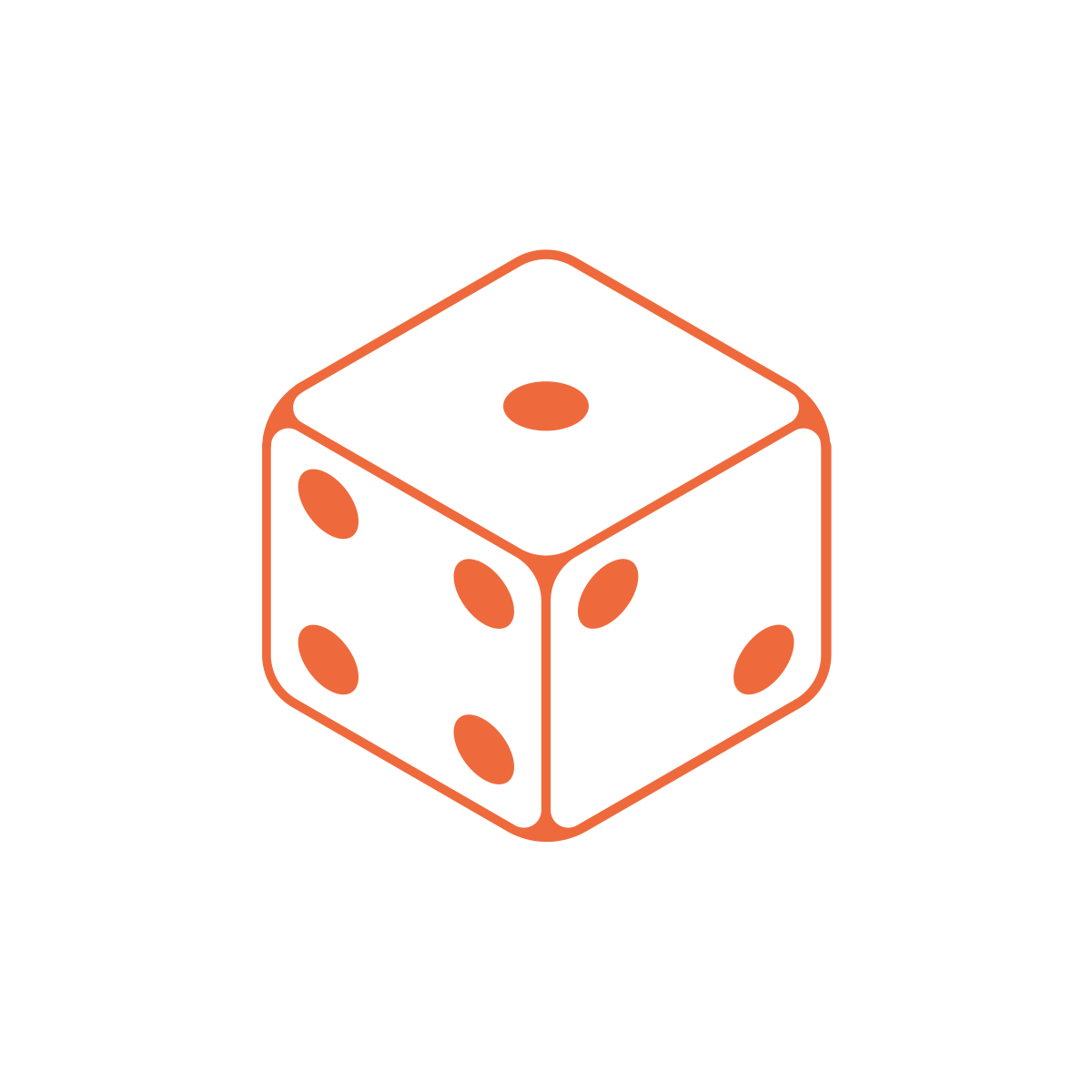 Outline drawing of a six-sided die showing the number one on the top face and five on the side faces.