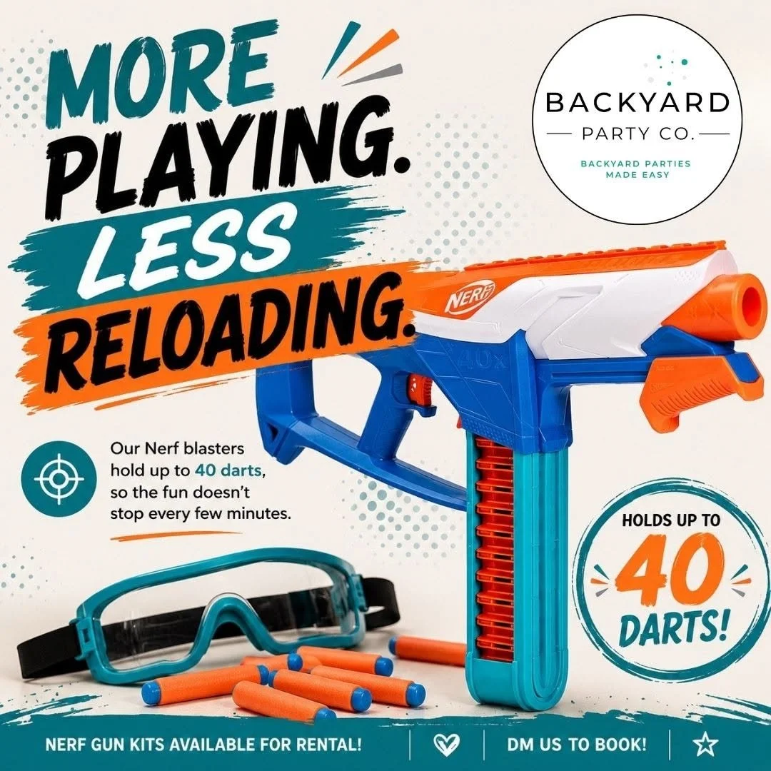 A colorful advertisement for a Nerf blaster showcasing its ability to hold up to 40 darts, with text emphasizing more playing and less reloading, and a pair of safety goggles along with some Nerf darts.
