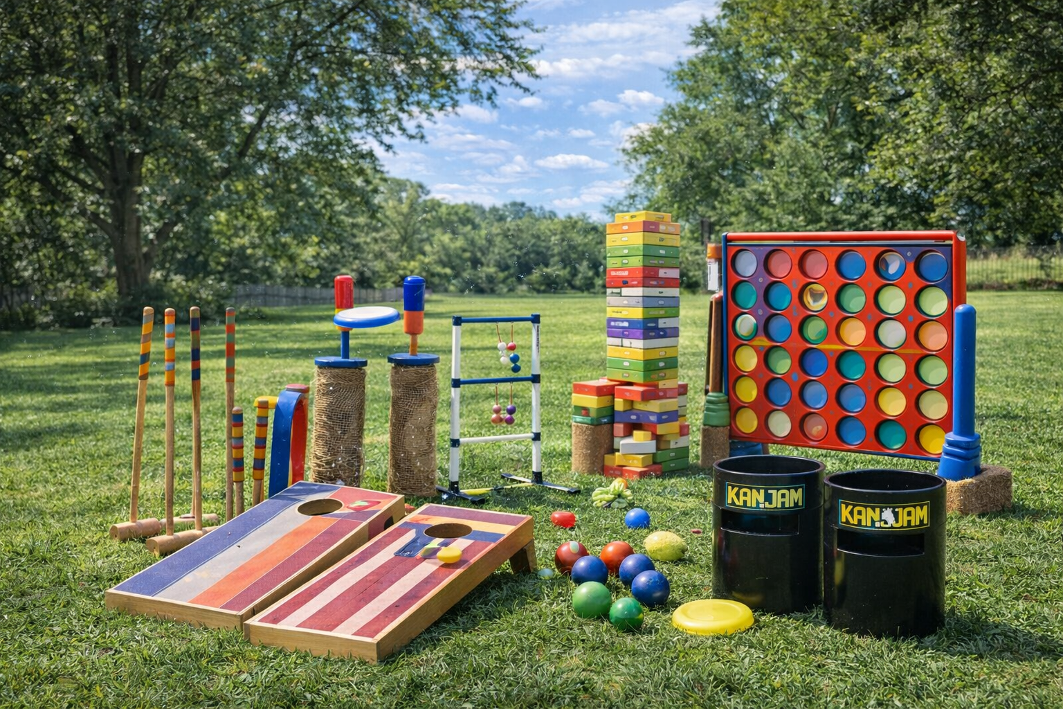 An outdoor backyard setting with various oversized large-scale outdoor games and toys arranged on green grass, surrounded by trees, under a blue sky with a few clouds.