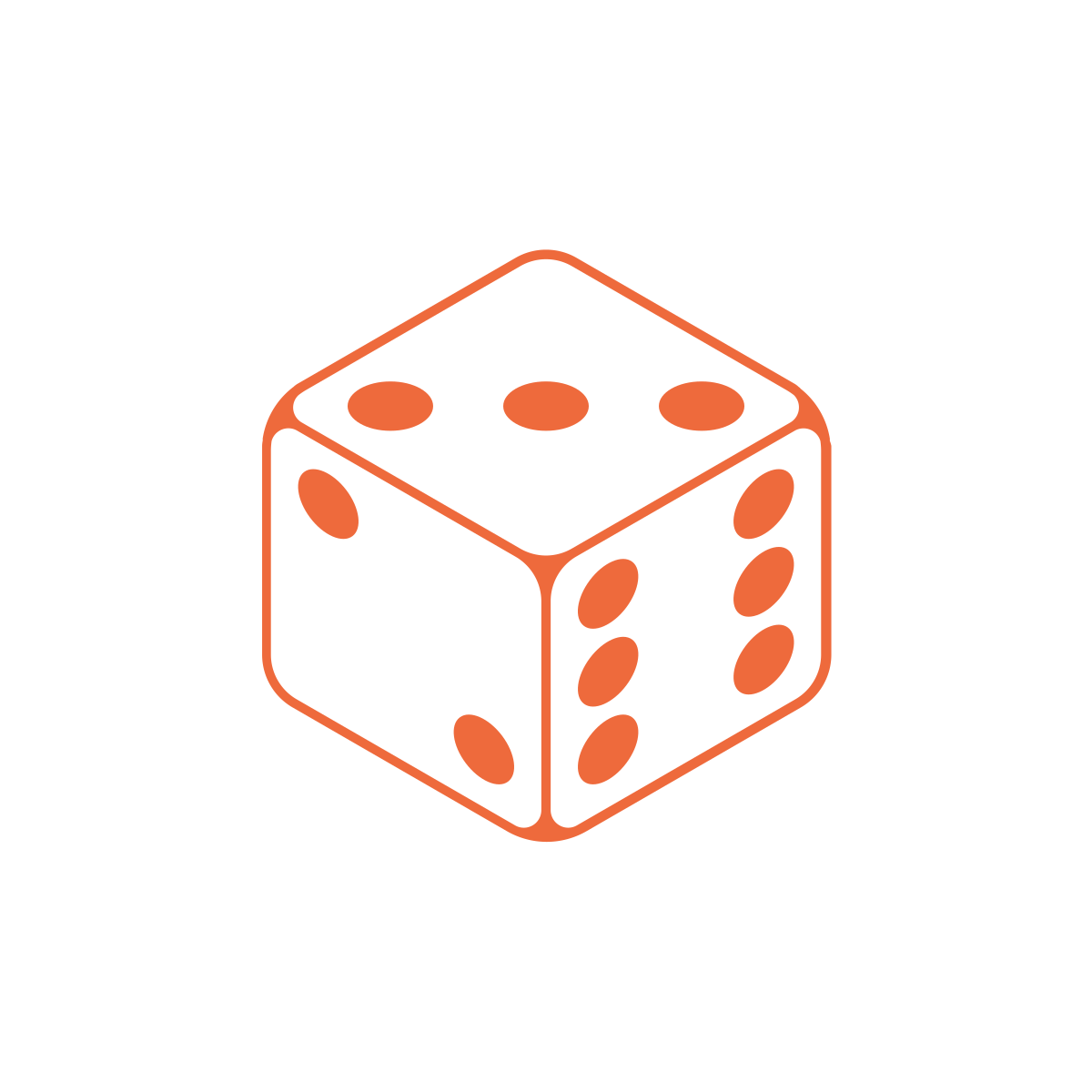 Outline drawing of a six-sided die showing the numbers 1, 3, and 5.