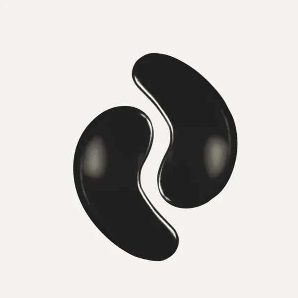 A black and white abstract design with two curved, bean-shaped objects facing each other.