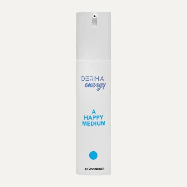 White bottle of Derma Energy A Happy Medium moisturizer with blue text and a blue circle at the bottom.