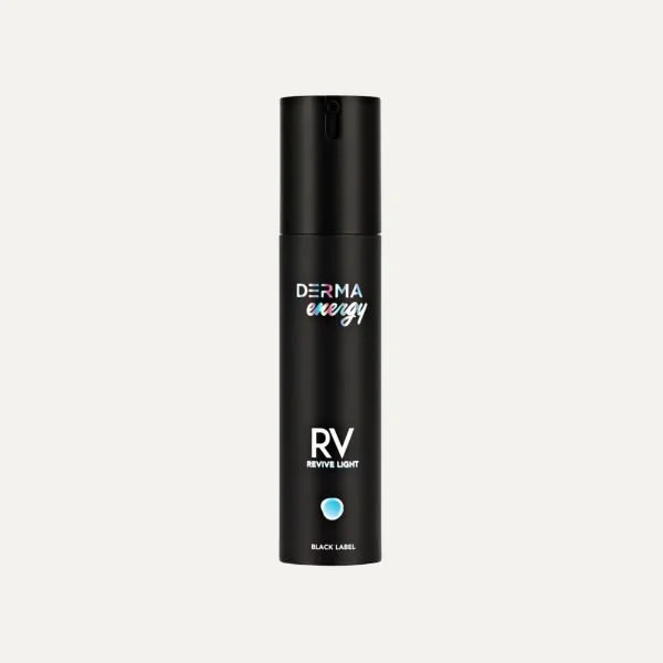 A black cylindrical bottle labeled 'DERMA.energy' and 'RV REVIVE LIGHT' with a blue dot, standing on a plain white background.