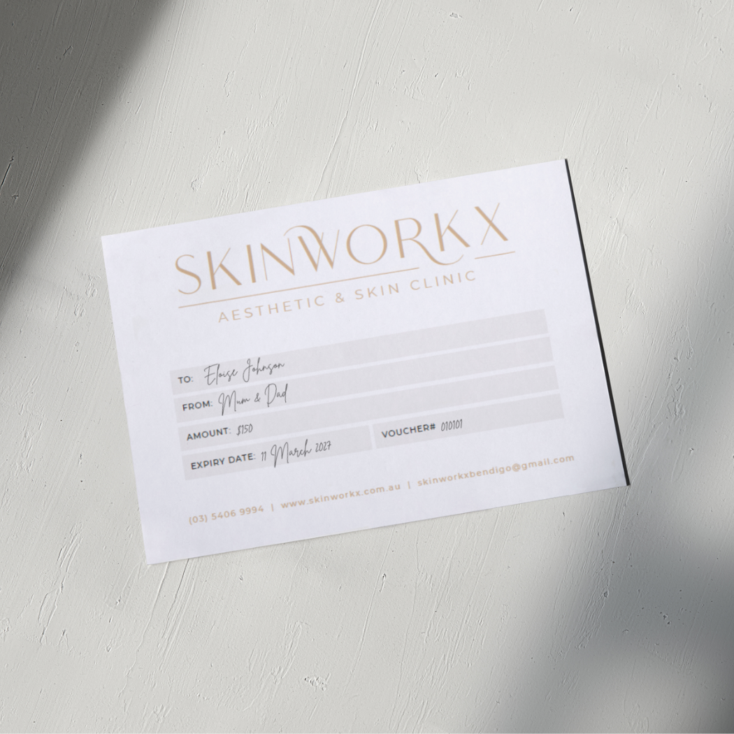 Gift voucher from SkinWorx Aesthetic & Skin Clinic, addressed to Elise Johnson, from Mum & Dad, valued at $150, expiring 11 March 2027.