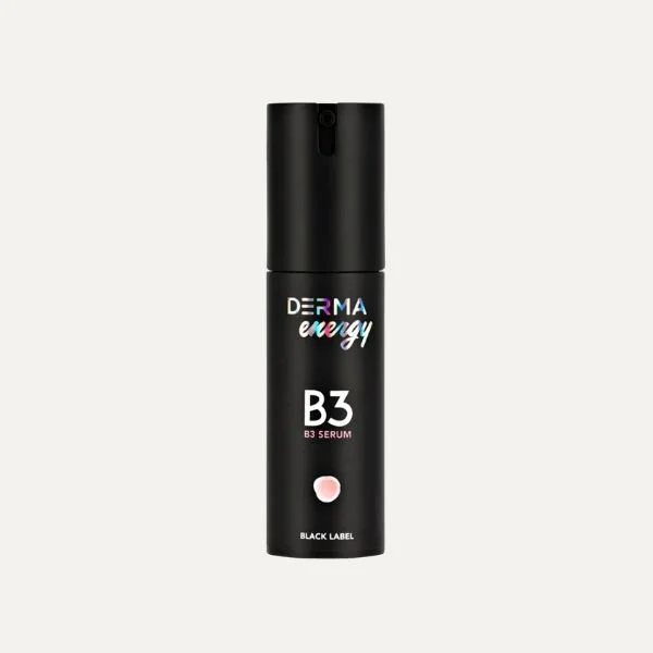 A black bottle of Derma energy B3 serum with a pump dispenser against a plain background.