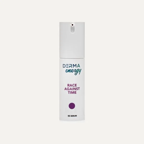 A white spray bottle labeled 'Derma Energy Race Against Time EE Serum' with a purple dot.