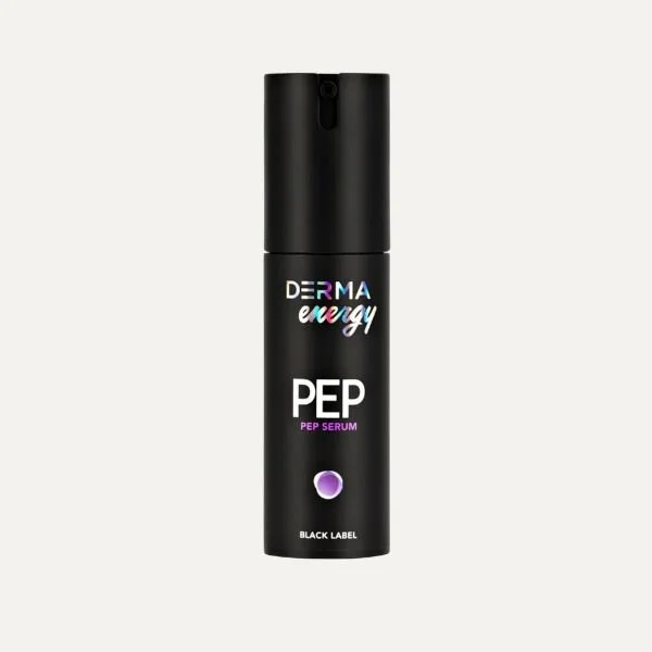 Black bottle of Derma Energy PEP serum with a pump dispenser, labeled 'Black Label' and featuring purple accents.