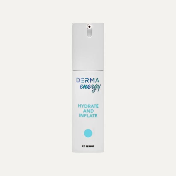 A white bottle of Derma Energy hydrate and inflate EE serum with a spray nozzle at the top.