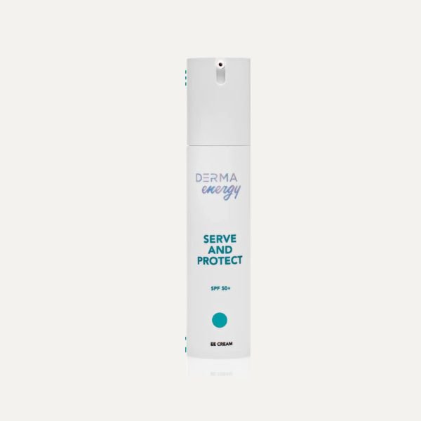 A skincare product called Derma Energy Serve and Protect SPF 50+ EE Cream in a white tube with a spray or pump top.