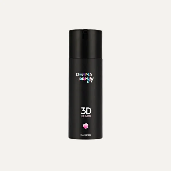 A black cylindrical bottle with a pump dispenser. The label reads "DERMA energy 3D 3D CLEAN BLACK LABEL" with a pink dot underneath.