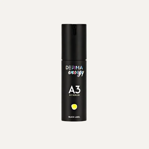 Black cylindrical bottle of Derma Energy A3 serum with a pump dispenser on top, labeled as Black Label, against a light background.