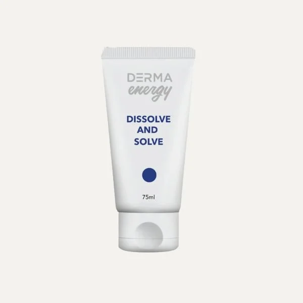 A white cosmetic tube labeled "DERMA energy" with the text "DISSOLVE AND SOLVE" and a blue dot, containing 75 milliliters of product.