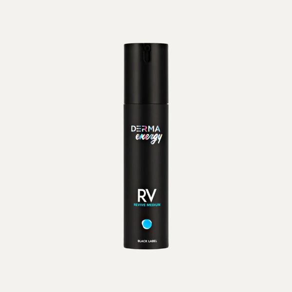 Black cylindrical bottle labeled 'DERMA energy RV REVIVE MEDIUM' with a blue dot below the text.