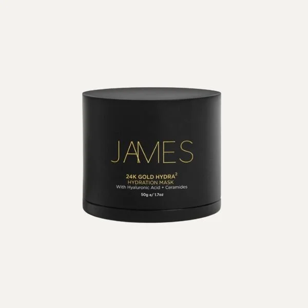 Black jar of James 24K Gold Hydra Hydration Mask with gold lettering on the label.