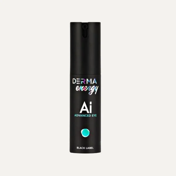 A black cylindrical bottle labeled 'DERMA energy AI advanced eye' with a blue dot at the bottom, set against a plain light background.
