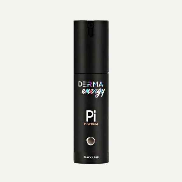 A black cylindrical skincare serum bottle with a pump dispenser, labeled 'DERMA energy Pi serum, black label' against a light background.