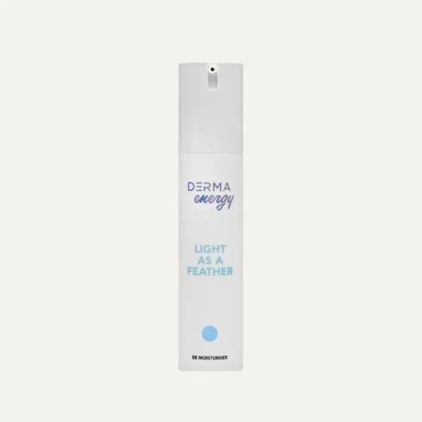 A white DermA Energy moisturizer spray bottle with the label 'Light as a Feather' and a blue dot, set against a light background.