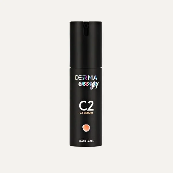 A black bottle of Derma Energy C2 Serum with a pump dispenser against a plain background.