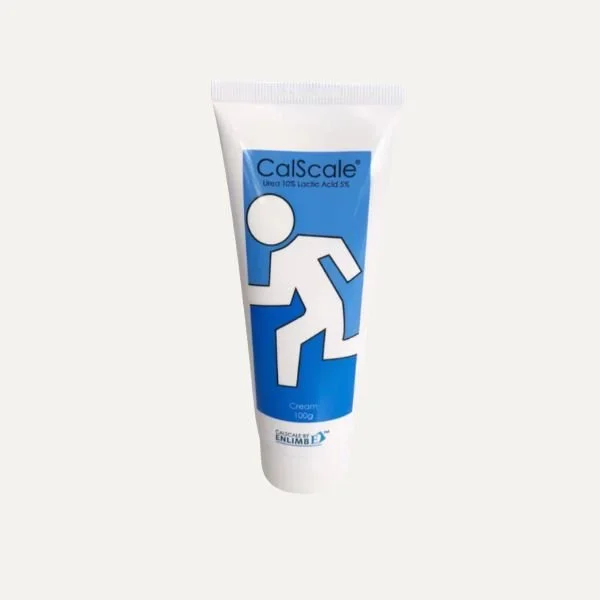 A tube of CalScale cream with a blue and white label featuring a stylized running figure.
