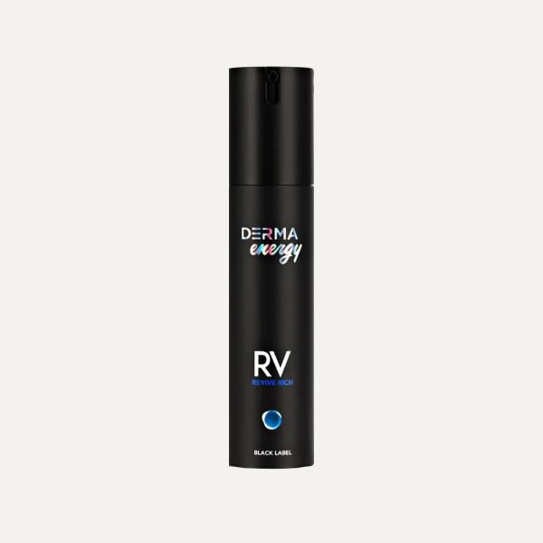 A black spray bottle with the label 'DERMA energy RV' and the subtitle 'Revive Rich'.